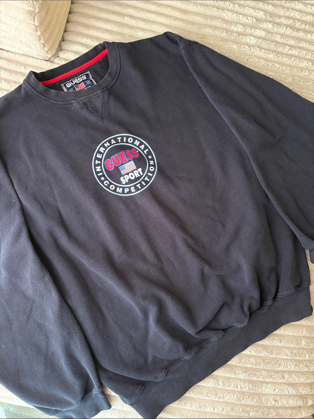 Vintage Guess Navy Crewneck Sweatshirt with Red Trim and Logo vi